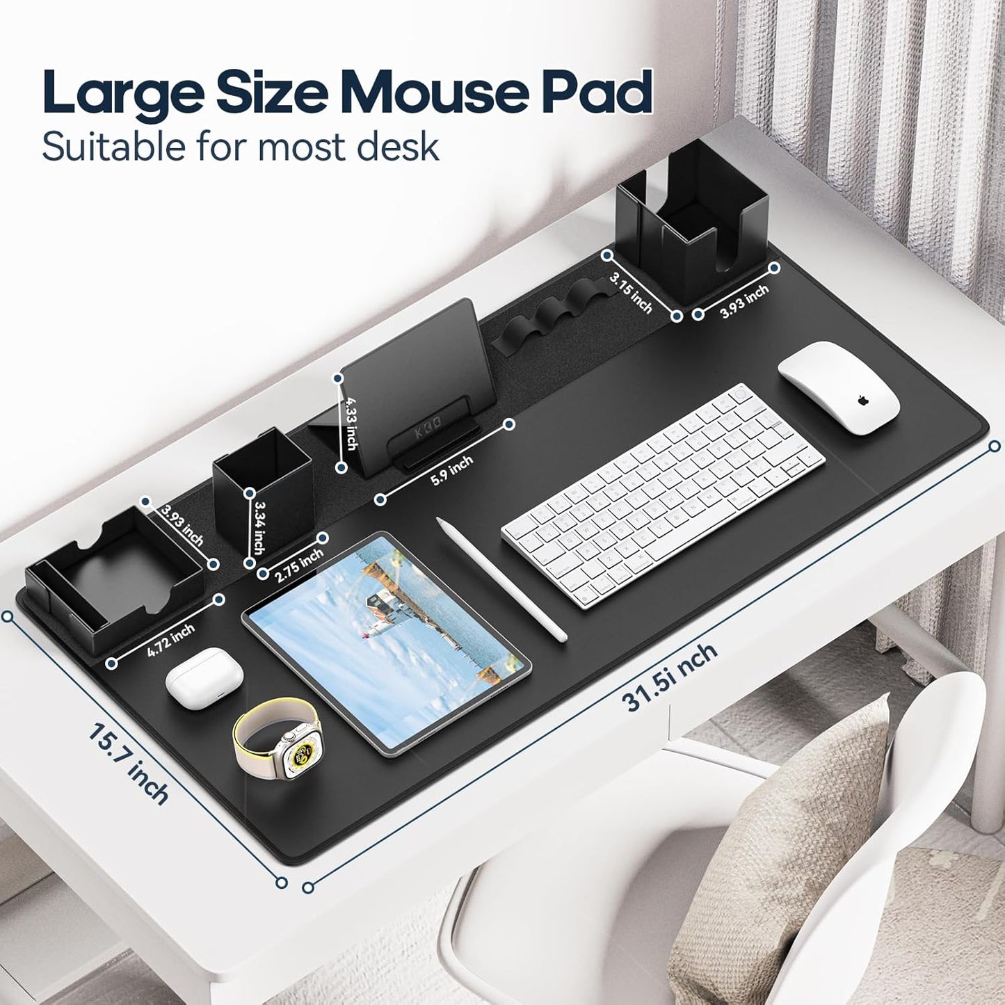 KDD Mouse Pad and Organizer Set - 6 in 1 Desk Mat Storage Accessory with Velcro DIY Feature, Desktop Accessories for Tablet Stand/Cup Holder/Card Holder/Pen Holder/Cable Management for Office and Home