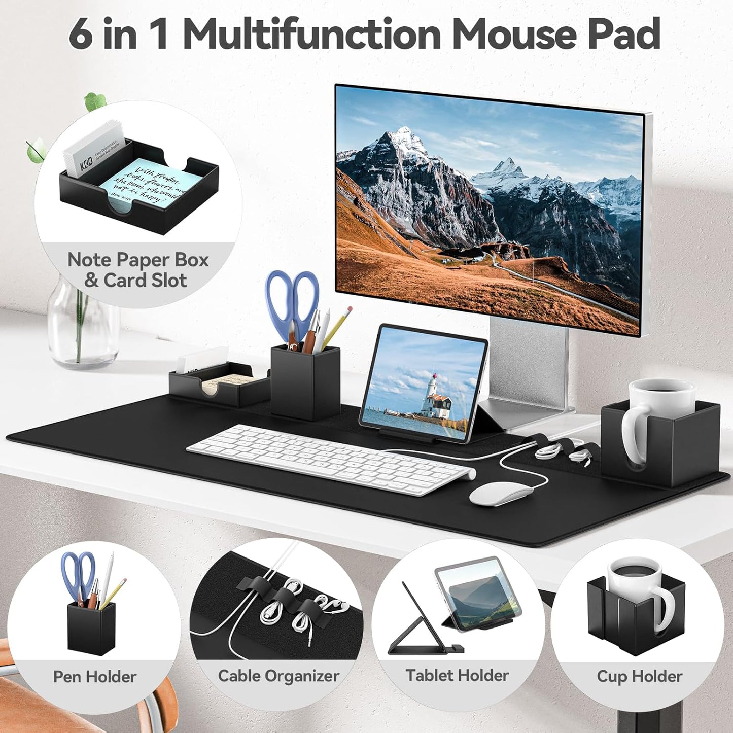 KDD Mouse Pad and Organizer Set - 6 in 1 Desk Mat Storage Accessory with Velcro DIY Feature, Desktop Accessories for Tablet Stand/Cup Holder/Card Holder/Pen Holder/Cable Management for Office and Home