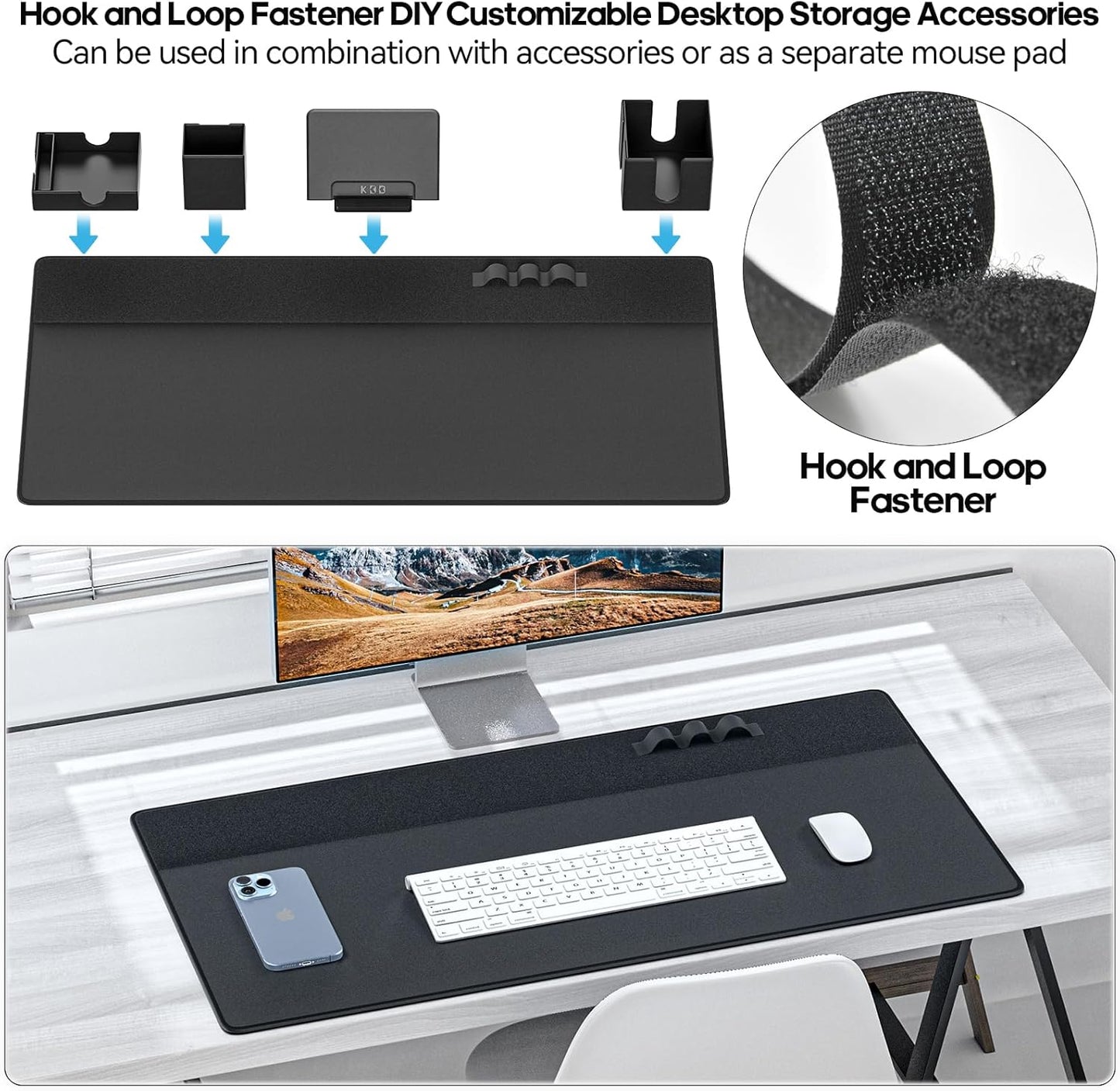 KDD Mouse Pad and Organizer Set - 6 in 1 Desk Mat Storage Accessory with Velcro DIY Feature, Desktop Accessories for Tablet Stand/Cup Holder/Card Holder/Pen Holder/Cable Management for Office and Home