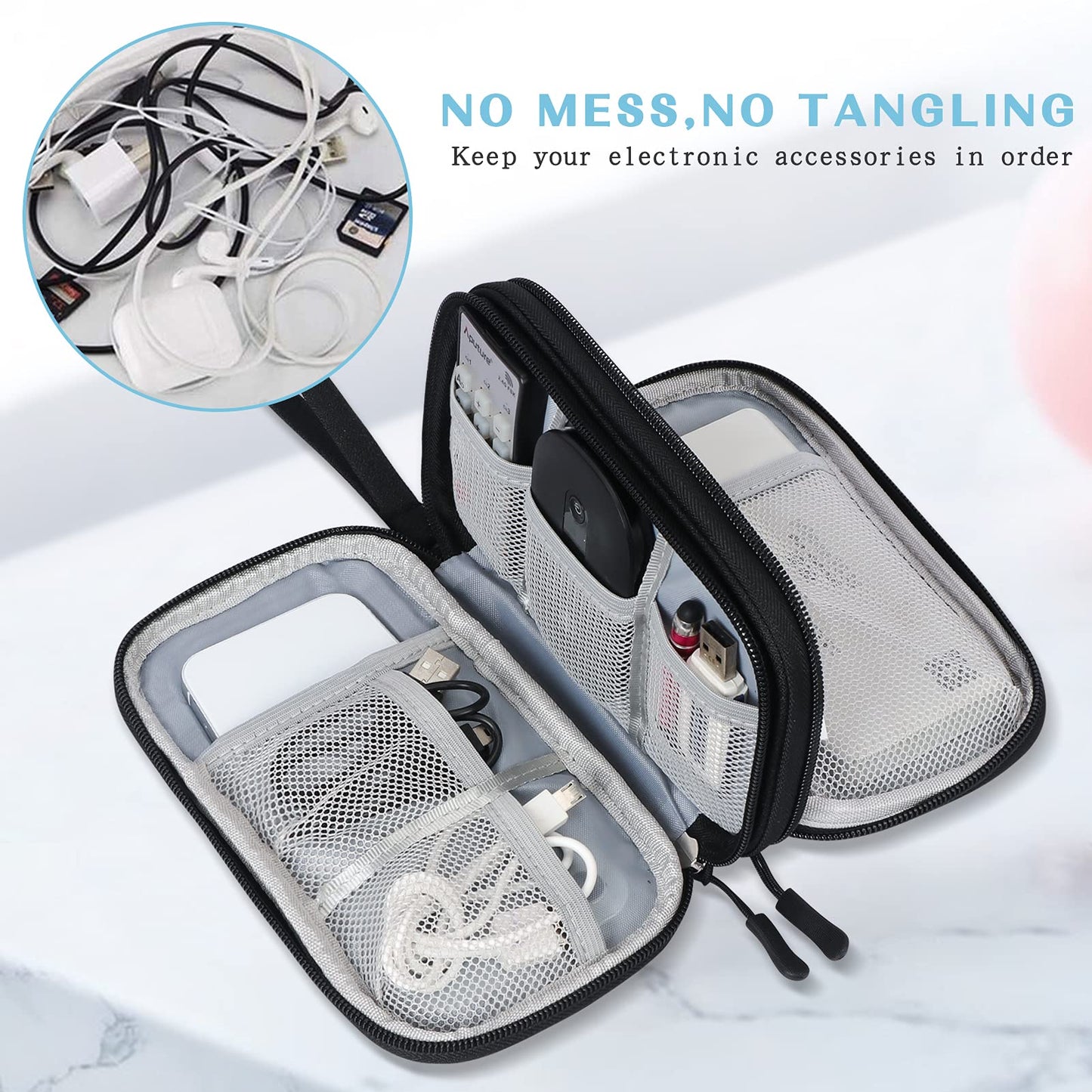 FYY Travel Cable Organizer Pouch Electronic Accessories Carry Case Portable Waterproof Double Layers All-in-One Storage Bag for Cord, Charger, Phone, Earphone Black